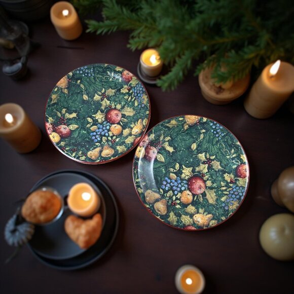 Pair (2) Certified International Susan Winget Holiday Evergreen Fruit & Holly Pl - Picture 3 of 9